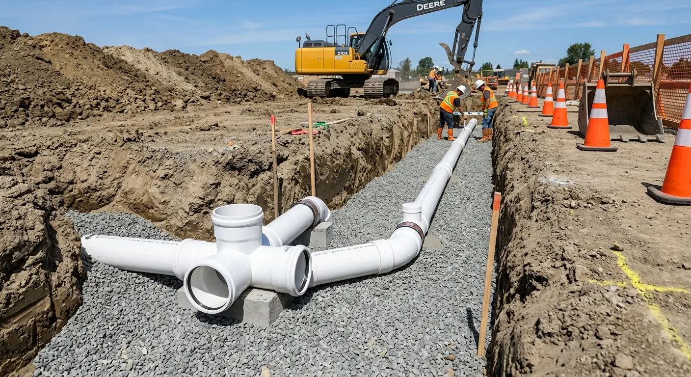 New PVC sewer pipe installation in open trench for Sewer Camera Inspection in Redwood City