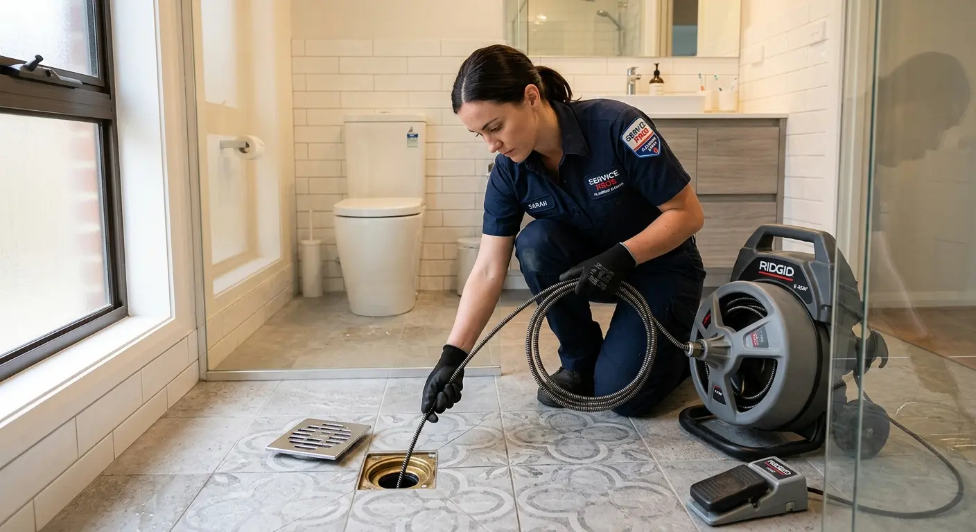 Technician clearing a bathroom floor drain for Sewer Line Installation in Redwood City